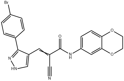 (E)-3-[5-(4-bromophenyl)-1H-pyrazol-4-yl]-2-cyano-N-(2,3-dihydro-1,4-benzodioxin-6-yl)prop-2-enamide Struktur