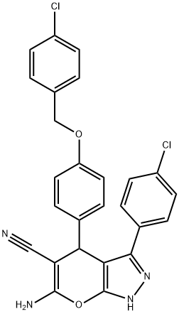 6-amino-3-(4-chlorophenyl)-4-[4-[(4-chlorophenyl)methoxy]phenyl]-2,4-dihydropyrano[2,3-c]pyrazole-5-carbonitrile Struktur