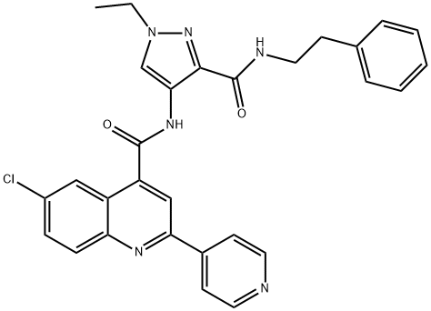 6-chloro-N-[1-ethyl-3-(2-phenylethylcarbamoyl)pyrazol-4-yl]-2-pyridin-4-ylquinoline-4-carboxamide Struktur