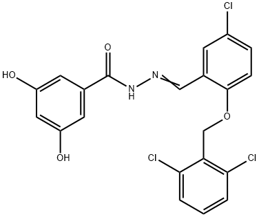 N-[(E)-[5-chloro-2-[(2,6-dichlorophenyl)methoxy]phenyl]methylideneamino]-3,5-dihydroxybenzamide Struktur