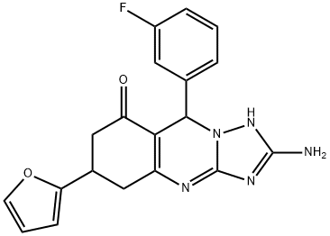 2-amino-9-(3-fluorophenyl)-6-(furan-2-yl)-5,6,7,9-tetrahydro-1H-[1,2,4]triazolo[5,1-b]quinazolin-8-one Struktur