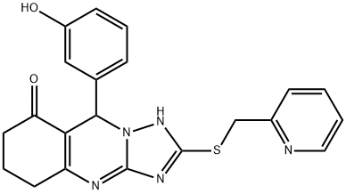 9-(3-hydroxyphenyl)-2-(pyridin-2-ylmethylsulfanyl)-5,6,7,9-tetrahydro-1H-[1,2,4]triazolo[5,1-b]quinazolin-8-one Struktur