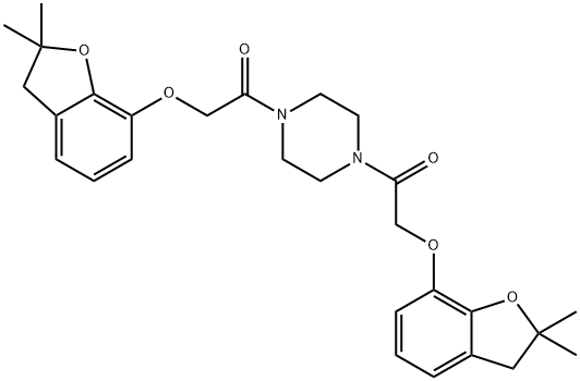 2-[(2,2-dimethyl-3H-1-benzofuran-7-yl)oxy]-1-[4-[2-[(2,2-dimethyl-3H-1-benzofuran-7-yl)oxy]acetyl]piperazin-1-yl]ethanone Struktur