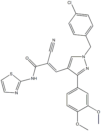 (E)-3-[1-[(4-chlorophenyl)methyl]-3-(3,4-dimethoxyphenyl)pyrazol-4-yl]-2-cyano-N-(1,3-thiazol-2-yl)prop-2-enamide Struktur