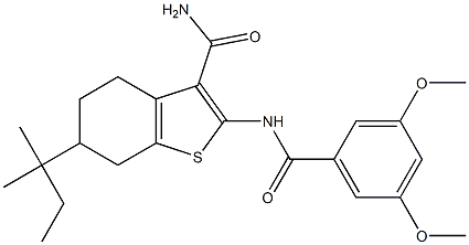 2-[(3,5-dimethoxybenzoyl)amino]-6-(2-methylbutan-2-yl)-4,5,6,7-tetrahydro-1-benzothiophene-3-carboxamide Struktur