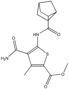 methyl 5-(bicyclo[2.2.1]heptane-3-carbonylamino)-4-carbamoyl-3-methylthiophene-2-carboxylate Struktur