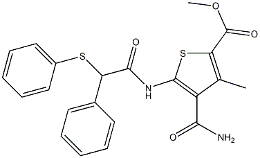 methyl 4-carbamoyl-3-methyl-5-[(2-phenyl-2-phenylsulfanylacetyl)amino]thiophene-2-carboxylate Struktur