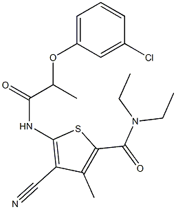 5-[2-(3-chlorophenoxy)propanoylamino]-4-cyano-N,N-diethyl-3-methylthiophene-2-carboxamide Struktur