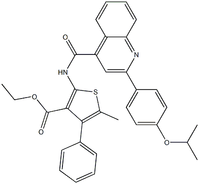 ethyl 5-methyl-4-phenyl-2-[[2-(4-propan-2-yloxyphenyl)quinoline-4-carbonyl]amino]thiophene-3-carboxylate Struktur