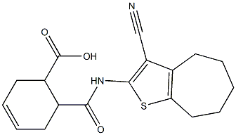 6-[(3-cyano-5,6,7,8-tetrahydro-4H-cyclohepta[b]thiophen-2-yl)carbamoyl]cyclohex-3-ene-1-carboxylic acid Struktur