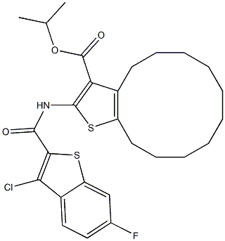 propan-2-yl 2-[(3-chloro-6-fluoro-1-benzothiophene-2-carbonyl)amino]-4,5,6,7,8,9,10,11,12,13-decahydrocyclododeca[b]thiophene-3-carboxylate Struktur