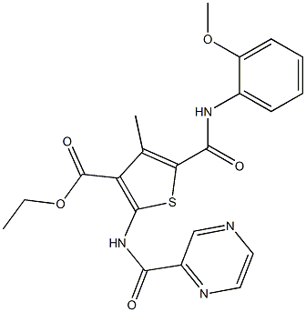 ethyl 5-[(2-methoxyphenyl)carbamoyl]-4-methyl-2-(pyrazine-2-carbonylamino)thiophene-3-carboxylate Struktur