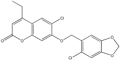 6-chloro-7-[(6-chloro-1,3-benzodioxol-5-yl)methoxy]-4-ethylchromen-2-one Struktur