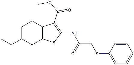 methyl 6-ethyl-2-[(2-phenylsulfanylacetyl)amino]-4,5,6,7-tetrahydro-1-benzothiophene-3-carboxylate Struktur