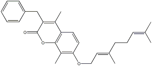 3-benzyl-7-[(2E)-3,7-dimethylocta-2,6-dienoxy]-4,8-dimethylchromen-2-one Struktur