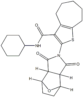 N-cyclohexyl-2-(1,3-dioxo-3a,4,5,6,7,7a-hexahydro-octahydro-1H-4,7-epoxyisoindol-2-yl)-5,6,7,8-tetrahydro-4H-cyclohepta[b]thiophene-3-carboxamide Struktur