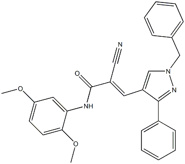 (E)-3-(1-benzyl-3-phenylpyrazol-4-yl)-2-cyano-N-(2,5-dimethoxyphenyl)prop-2-enamide Struktur