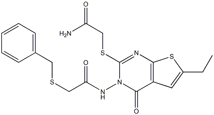 2-[3-[(2-benzylsulfanylacetyl)amino]-6-ethyl-4-oxothieno[2,3-d]pyrimidin-2-yl]sulfanylacetamide Struktur