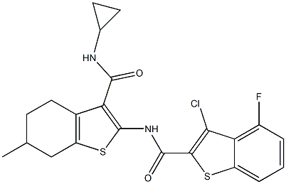 3-chloro-N-[3-(cyclopropylcarbamoyl)-6-methyl-4,5,6,7-tetrahydro-1-benzothiophen-2-yl]-4-fluoro-1-benzothiophene-2-carboxamide Struktur