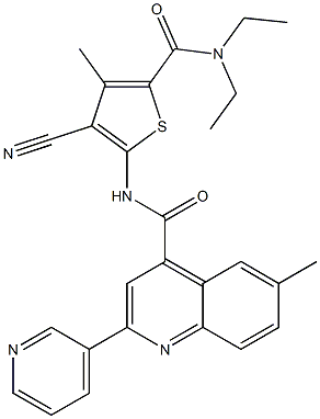 N-[3-cyano-5-(diethylcarbamoyl)-4-methylthiophen-2-yl]-6-methyl-2-pyridin-3-ylquinoline-4-carboxamide Struktur