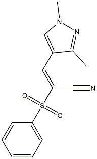 (E)-2-(benzenesulfonyl)-3-(1,3-dimethylpyrazol-4-yl)prop-2-enenitrile Struktur