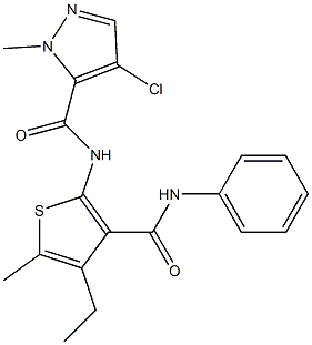 4-chloro-N-[4-ethyl-5-methyl-3-(phenylcarbamoyl)thiophen-2-yl]-2-methylpyrazole-3-carboxamide Struktur