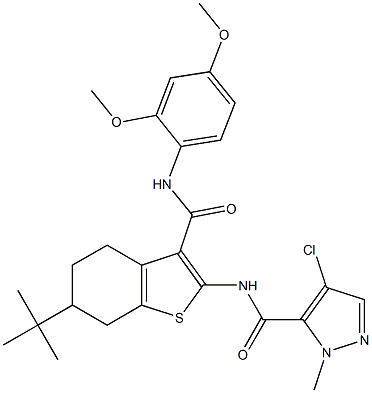 N-[6-tert-butyl-3-[(2,4-dimethoxyphenyl)carbamoyl]-4,5,6,7-tetrahydro-1-benzothiophen-2-yl]-4-chloro-2-methylpyrazole-3-carboxamide Struktur