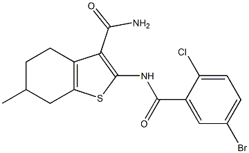 2-[(5-bromo-2-chlorobenzoyl)amino]-6-methyl-4,5,6,7-tetrahydro-1-benzothiophene-3-carboxamide Struktur