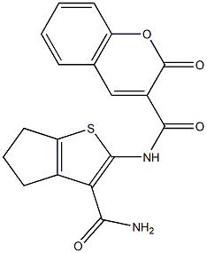 N-(3-carbamoyl-5,6-dihydro-4H-cyclopenta[b]thiophen-2-yl)-2-oxochromene-3-carboxamide Struktur