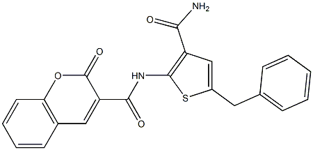 N-(5-benzyl-3-carbamoylthiophen-2-yl)-2-oxochromene-3-carboxamide Struktur