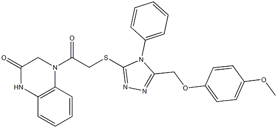 4-[2-[[5-[(4-methoxyphenoxy)methyl]-4-phenyl-1,2,4-triazol-3-yl]sulfanyl]acetyl]-1,3-dihydroquinoxalin-2-one Struktur