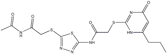 N-[5-(2-acetamido-2-oxoethyl)sulfanyl-1,3,4-thiadiazol-2-yl]-2-[(4-oxo-6-propyl-1H-pyrimidin-2-yl)sulfanyl]acetamide Struktur