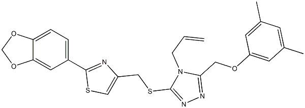 2-(1,3-benzodioxol-5-yl)-4-[[5-[(3,5-dimethylphenoxy)methyl]-4-prop-2-enyl-1,2,4-triazol-3-yl]sulfanylmethyl]-1,3-thiazole Struktur