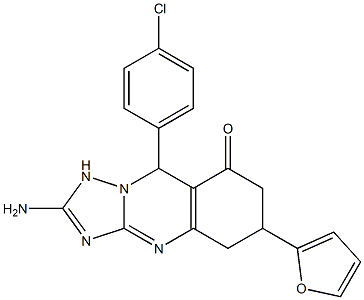 2-amino-9-(4-chlorophenyl)-6-(furan-2-yl)-5,6,7,9-tetrahydro-1H-[1,2,4]triazolo[5,1-b]quinazolin-8-one Struktur