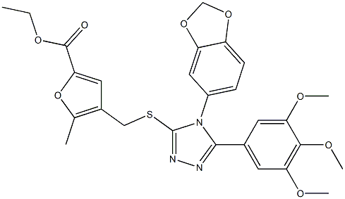 ethyl 4-[[4-(1,3-benzodioxol-5-yl)-5-(3,4,5-trimethoxyphenyl)-1,2,4-triazol-3-yl]sulfanylmethyl]-5-methylfuran-2-carboxylate Struktur