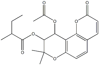 2-Methylbutyric acid 10-acetoxy-9,10-dihydro-8,8-dimethyl-2-oxo-2H,8H-benzo[1,2-b:3,4-b']dipyran-9-yl ester Struktur