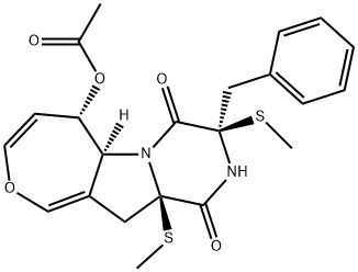 [3R,(-)]-6β-Acetyloxy-2,3,5aβ,6,11,11a-hexahydro-3α,11aα-bis(methylthio)-3-benzyloxepino[3',4':4,5]pyrrolo[1,2-a]pyrazine-1,4-dione Struktur