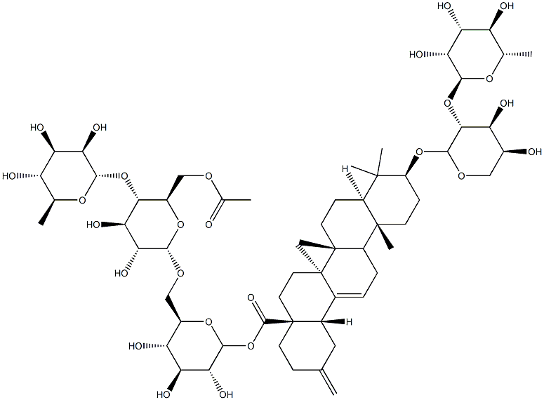 30-Noroleana-12,20(29)-dien-28-oicacid, 3-[[2-O-(6-deoxy-a-L-mannopyranosyl)-a-L-arabinopyranosyl]oxy]-, O-6-deoxy-a-L-mannopyranosyl-(1(R)4)-O-6-O-acetyl-b-D-glucopyranosyl-(1(R)6)-b-D-glucopyranosyl ester, (3b)- Struktur