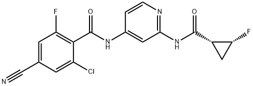 2-chloro-4-cyano-6-fluoro-N-(2-((1R,2R)-2-fluorocyclopropanecarboxaMido)pyridin-4-yl)benzaMide Struktur