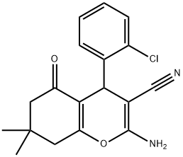 2-amino-4-(2-chlorophenyl)-7,7-dimethyl-5-oxo-5,6,7,8-tetrahydro-4H-chromene-3-carbonitrile Struktur