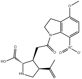 (2S,3S,4S)-Carboxy-4-(1-methylethenyl)-3-pyrrolidineaceticacid4-methoxy-7-nitro-1H-indolinylamide Struktur