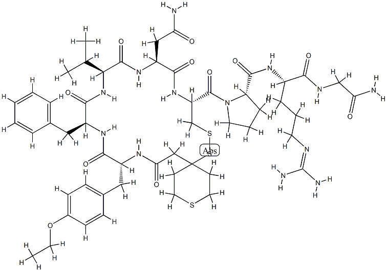 (2S)-1-[(10R,13S,16S,19S,22R)-19-benzyl-13-(carbamoylmethyl)-22-[(4-et hoxyphenyl)methyl]-12,15,18,21,24-pentaoxo-16-propan-2-yl-3,7,8-trithi a-11,14,17,20,23-pentazaspiro[5.19]pentacosane-10-carbonyl]-N-[(1S)-1- (carbamoylmethylcarbamoyl)-4-(diaminomethylideneamino)butyl]pyrrolidin e-2-carboxamide Struktur