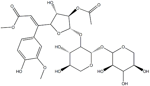 O-(2-O-acetyl-5-O-(feruloyl)-alpha-arabinofuranosyl)-(1-3)-O-beta-xylopyranosyl-(1-4)-xylopyranose Struktur