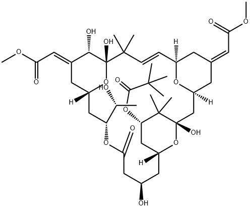 Propanoic acid, 2,2-dimethyl-, (1S,3S,5Z,7R,8E,11S,12S,13E,15S,17R,21R,23R,25S)-1,11,12,21-tetrahydroxy-17-(1R)-1-hydroxyethyl-5,13-bis(2-methoxy-2-oxoethylidene)-10,10,26,26-tetramethyl-19-oxo-18,27,28,29-tetraoxatetracyclo21.3.1.13,7.111,15nonacos-8-en- Struktur