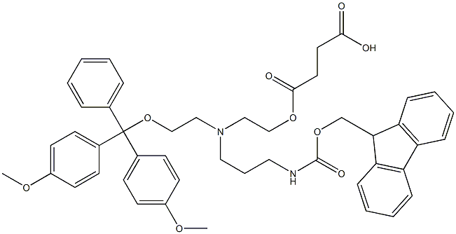 N-(N-((9-fluorenylmethoxy)carbonyl)-3-aminoprop-1-yl)-N-(O-(4,4'-dimethoxytrityl)-2-oxyethyl)-N-(O-(3-carboxylpropionyl)-2-oxyethyl)amine Struktur