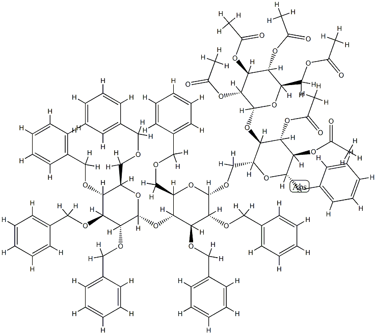 phenyl O-(2,3,4,6-tetra-O-benzyl-glucopyranosyl)-1-4-O-(2,3,6-tri-O-benzylglucopyranosyl)-1-6-O-(2,3,4,6-tetra-O-acetylglucopyranosyl)-1-4-2,3-di-O-acetyl-1-thioglucopyranoside Struktur