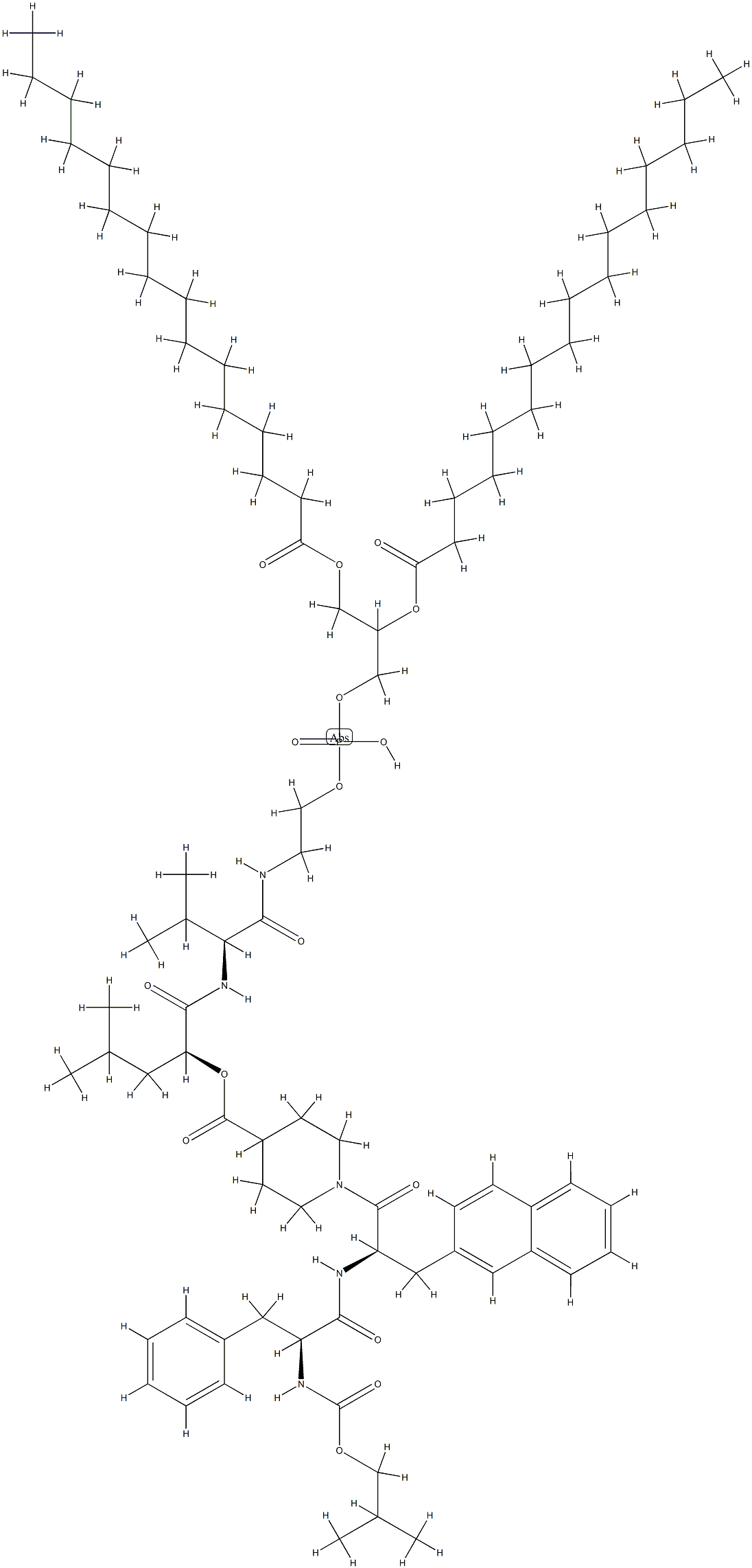 2,3-dihexadecanoyloxypropoxy-[2-[[(2S)-3-methyl-2-[[(2S)-4-methyl-2-[1 -[(2R)-2-[[(2S)-2-(2-methylpropoxycarbonylamino)-3-phenyl-propanoyl]am ino]-3-naphthalen-2-yl-propanoyl]piperidine-4-carbonyl]oxy-pentanoyl]a mino]butanoyl]amino]ethoxy]phosphinic acid Struktur