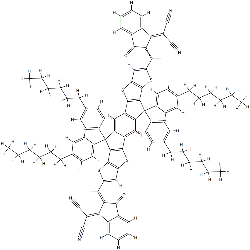 2,2'-[[6,6,12,12-tetrakis(4-hexylphenyl)-s-indacenodithieno[3,2-b]thiophene]methylidyne(3-oxo-1H-indene-2,1(3H)-diylidene)]]bis(propanedinitrile) Struktur