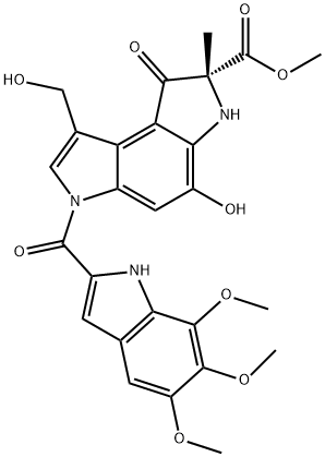 Benzo1,2-b:4,3-bdipyrrole-2-carboxylic acid, 1,2,3,6-tetrahydro-4-hydroxy-8-(hydroxymethyl)-2-methyl-1-oxo-6-(5,6,7-trimethoxy-1H-indol-2-yl)carbonyl-, methyl ester, (2R)- Struktur