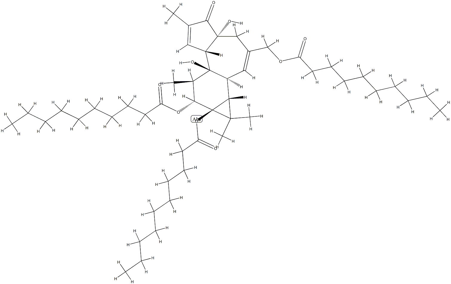 Bisdecanoic acid (1aR)-1aα,1bβ,4,4a,5,7aα,7b,8,9,9a-decahydro-3-(decanoyloxy)methyl-4aβ,7bα-dihydroxy-1,1,6,8α-tetramethyl-5-oxo-1H-cyclopropa[3,4]benz[1,2-e]azulene-9β,9aα-diyl ester Struktur